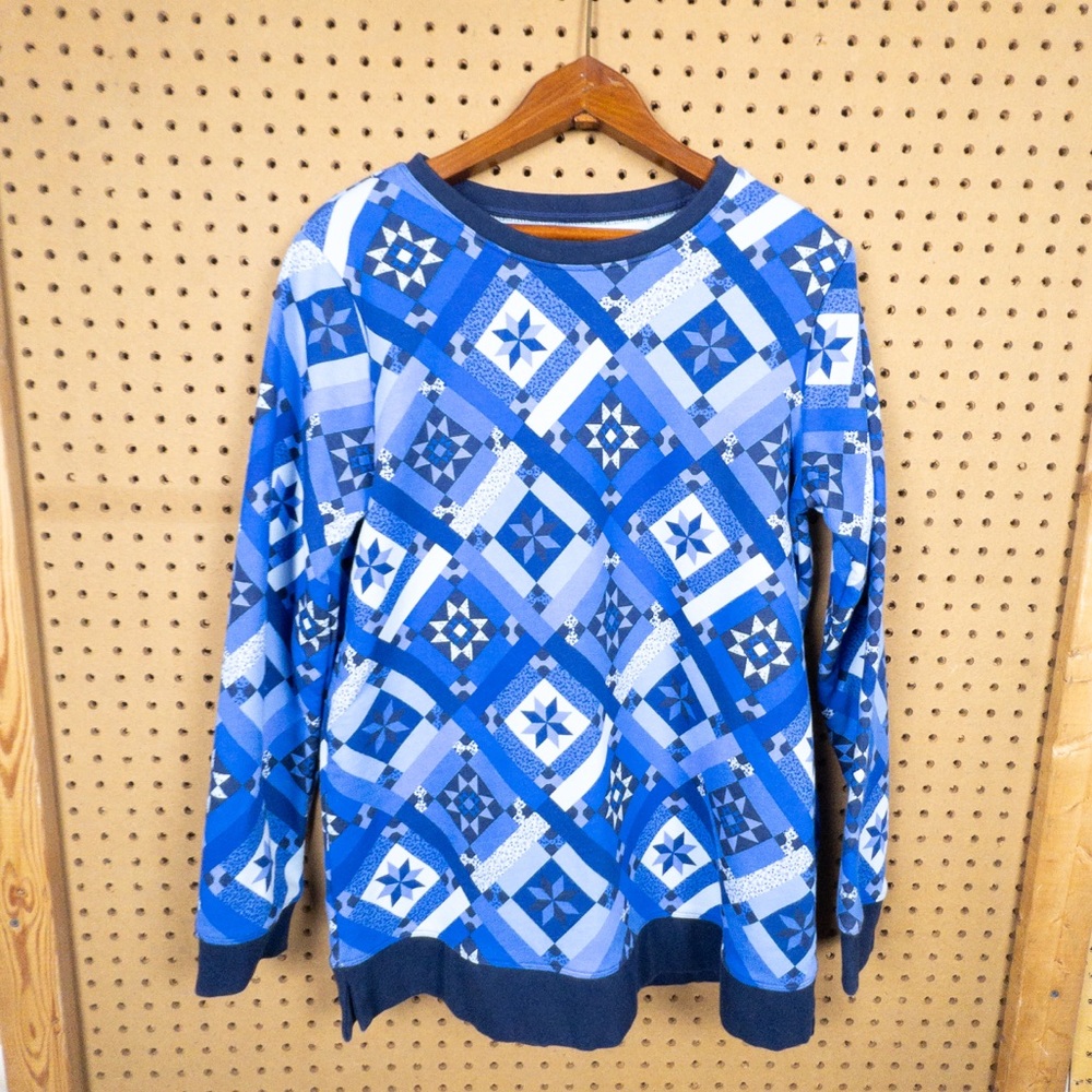 Lands' End Blue Geometric Patchwork Sweatshirt